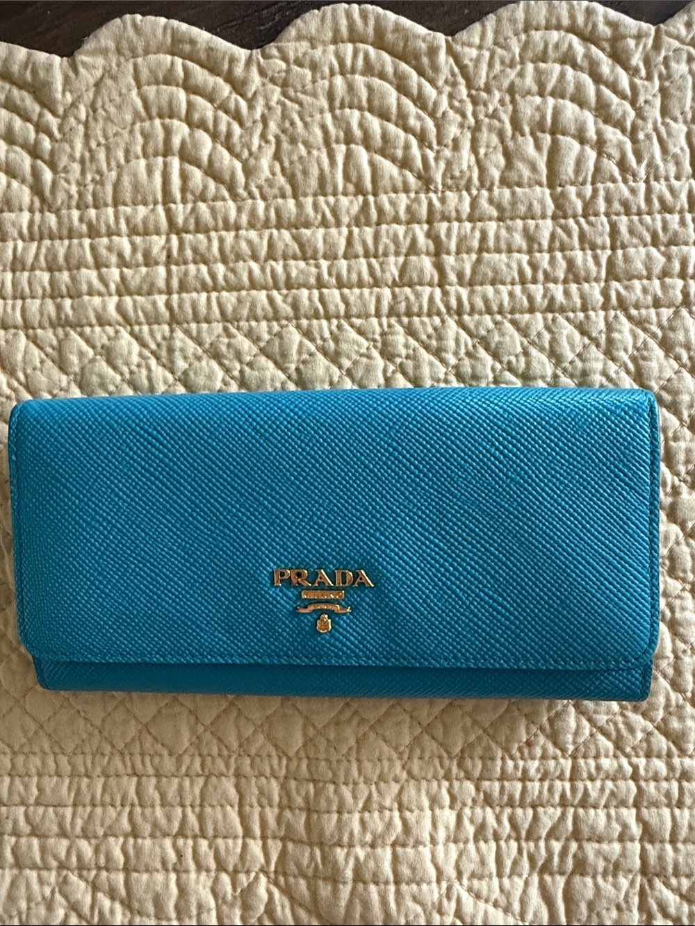 Prada Turquoise Saffiano Leather Flap Wallet with Gold Logo